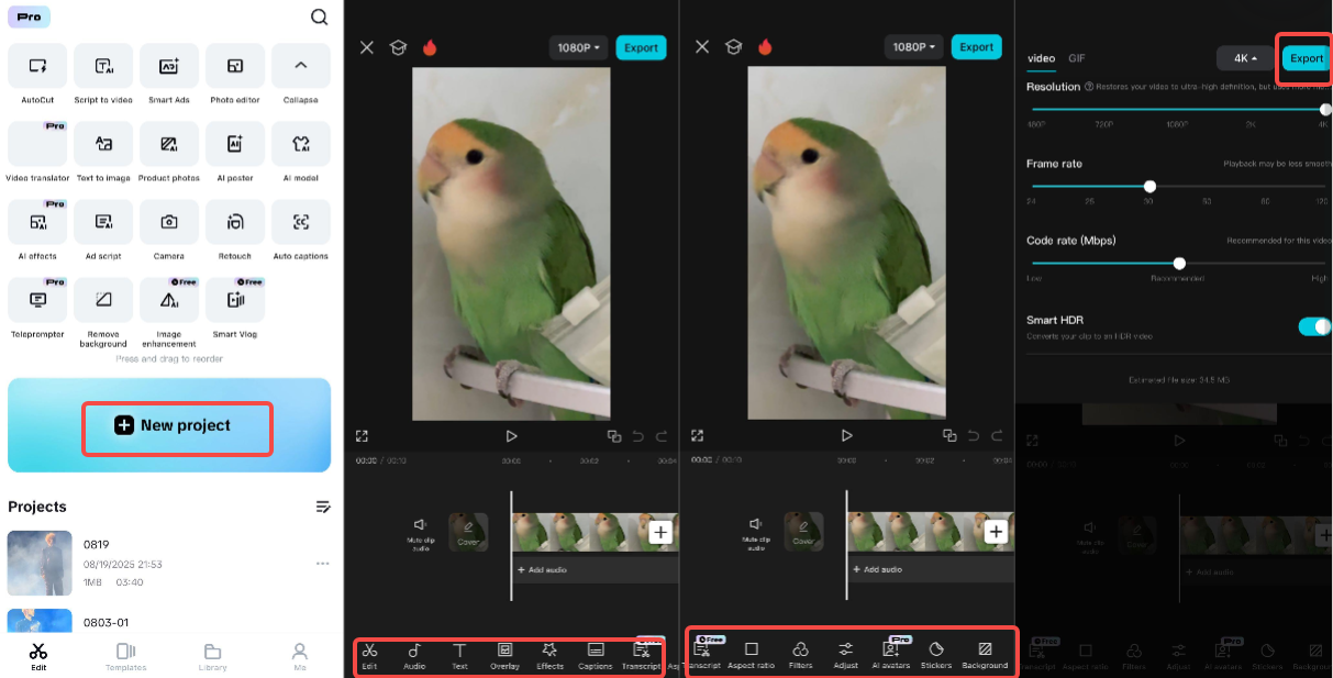 Editing the video in the CapCut mobile app