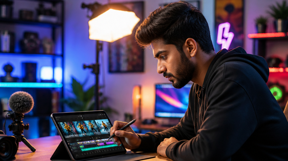 Natural studio portrait of a fictional adult rajan tablet trending