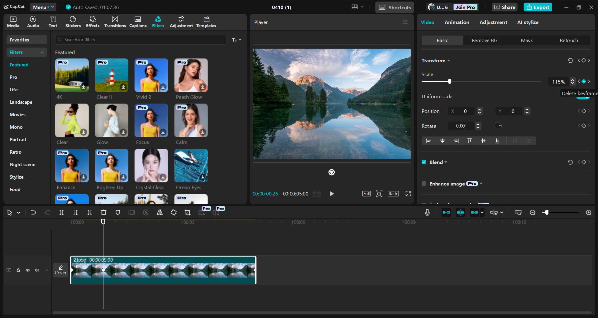 Interface of the CapCut desktop video editor - an alternative way to add Ken Burns effect to videos