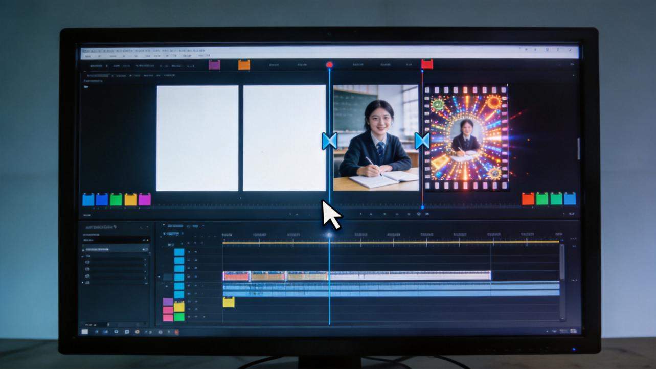 Video editor timeline with a photo transition between a student portrait and a colorful graphic