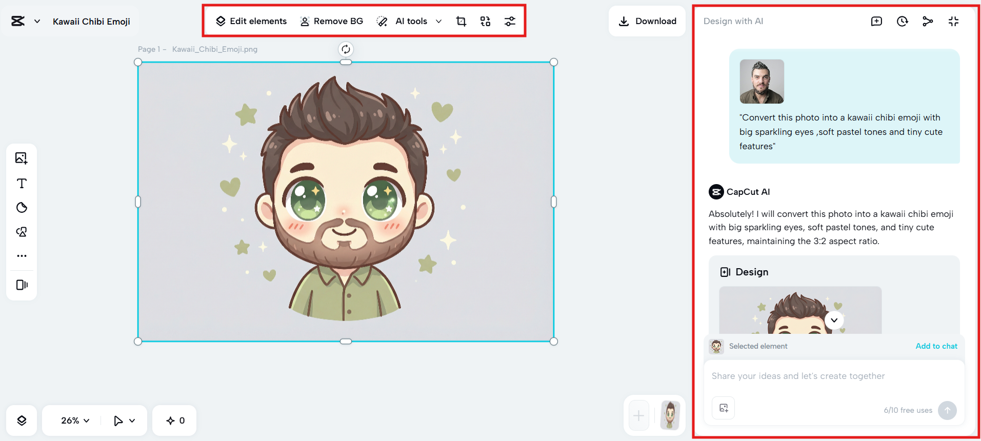 Kawaii chibi emoji displayed in CapCut editor.