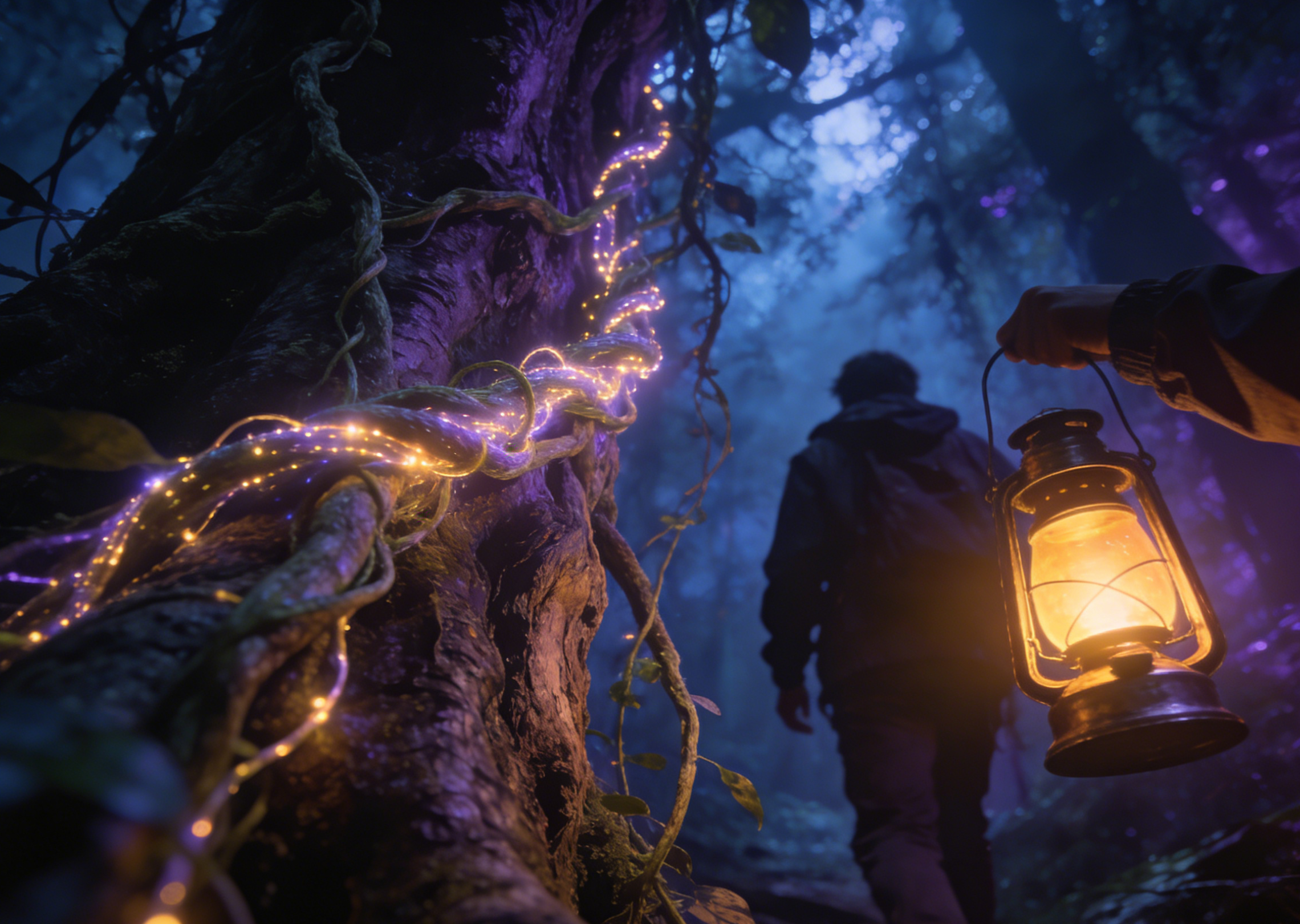 Ein biolumineszierender Dschungel um Mitternacht