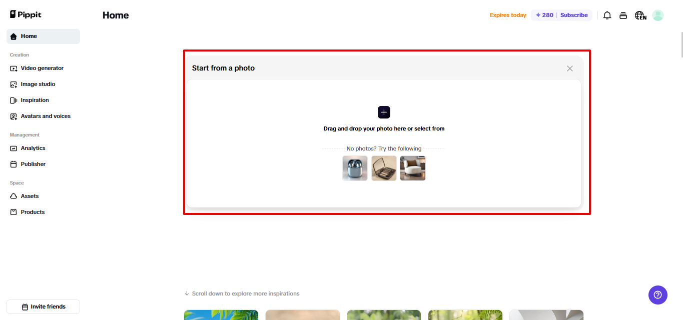 Uploading product photo in Pippit