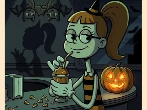 Cartoon girl in a witch hat and striped dress sips a drink at a diner beside a glowing jack-o'-lantern.