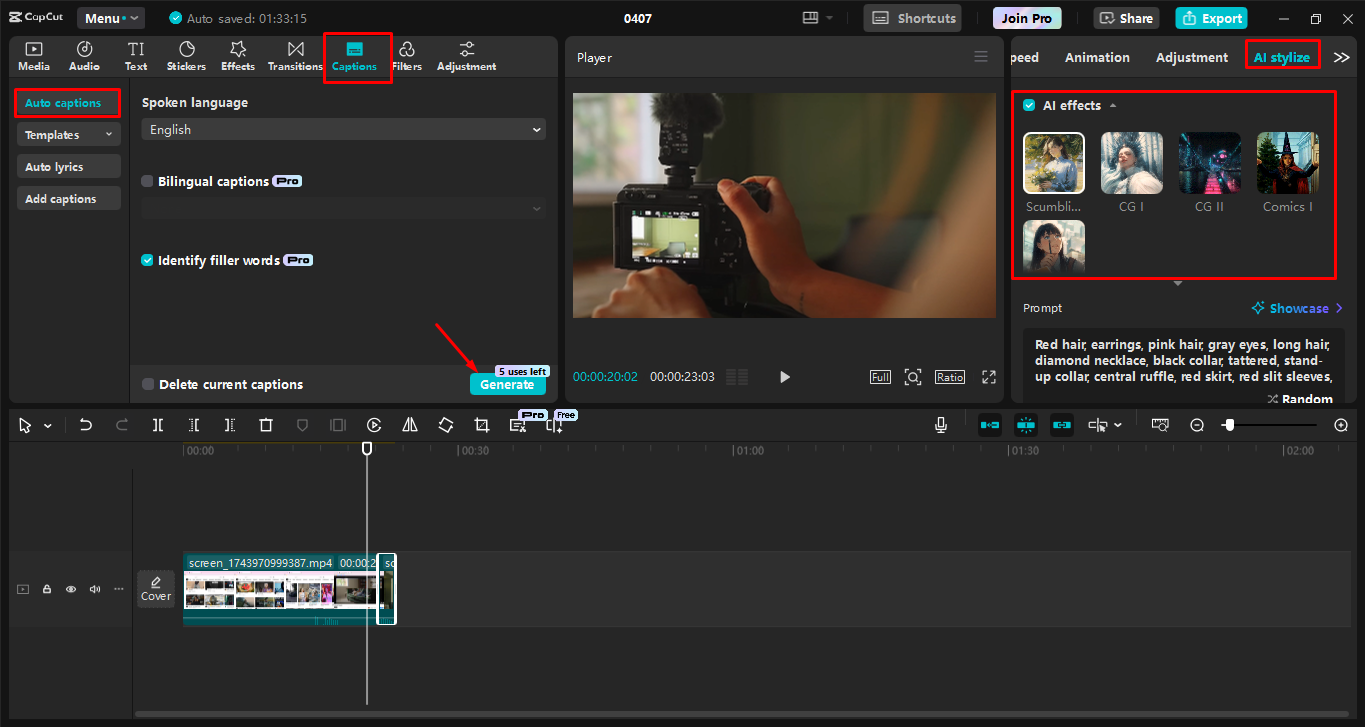 Add captions and AI effects to the screen recording in the CapCut desktop video editor