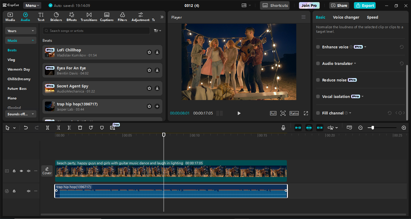 Interface of the CapCut desktop video editor - the best tool to add trending music to video