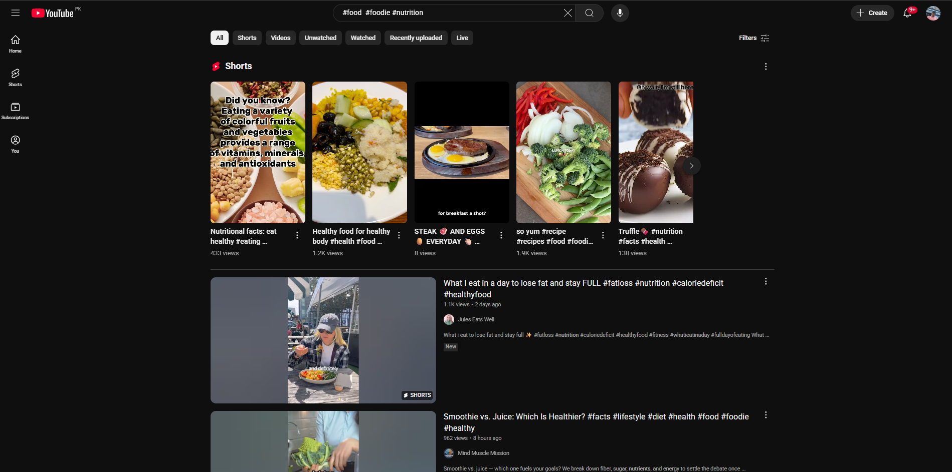 Videos with food and cooking YouTube hashtags