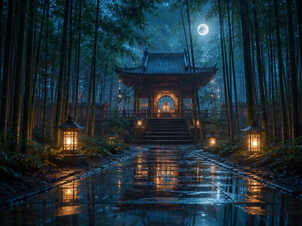 Tensor Art AI Indicación rápida ejemplo 6 - Santuario de bambú Moonlit