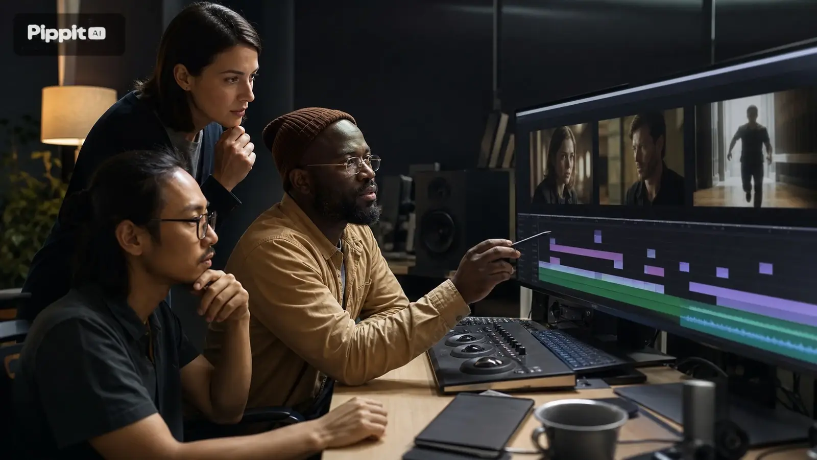 Tre persone esaminano un montaggio video su un grande monitor in uno studio buio