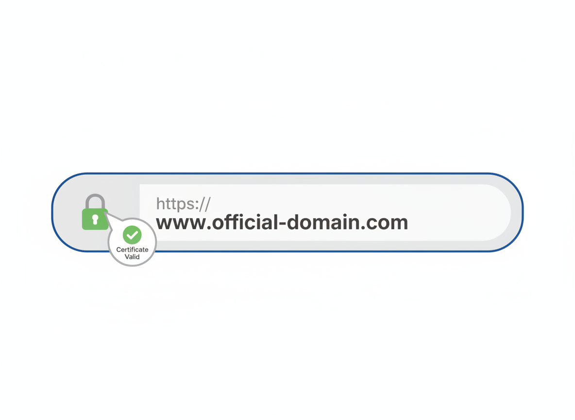 Inspect the domain with a browser URL bar and HTTPS padlock for official verification.