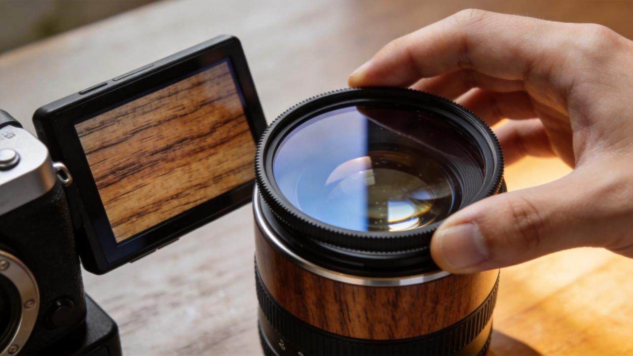 Hand adjusting a camera lens in front of a flip-out screen showing a wood surface