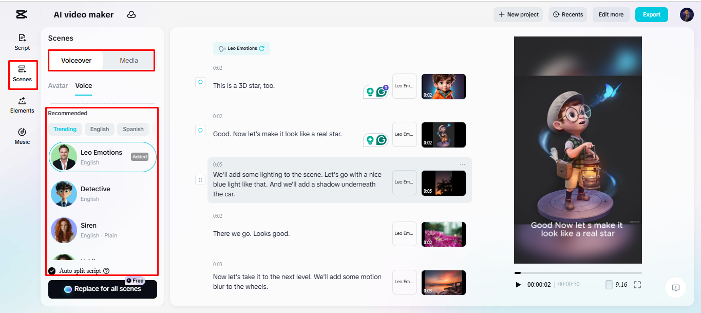 Adding voice over to video in CapCut's AI video maker