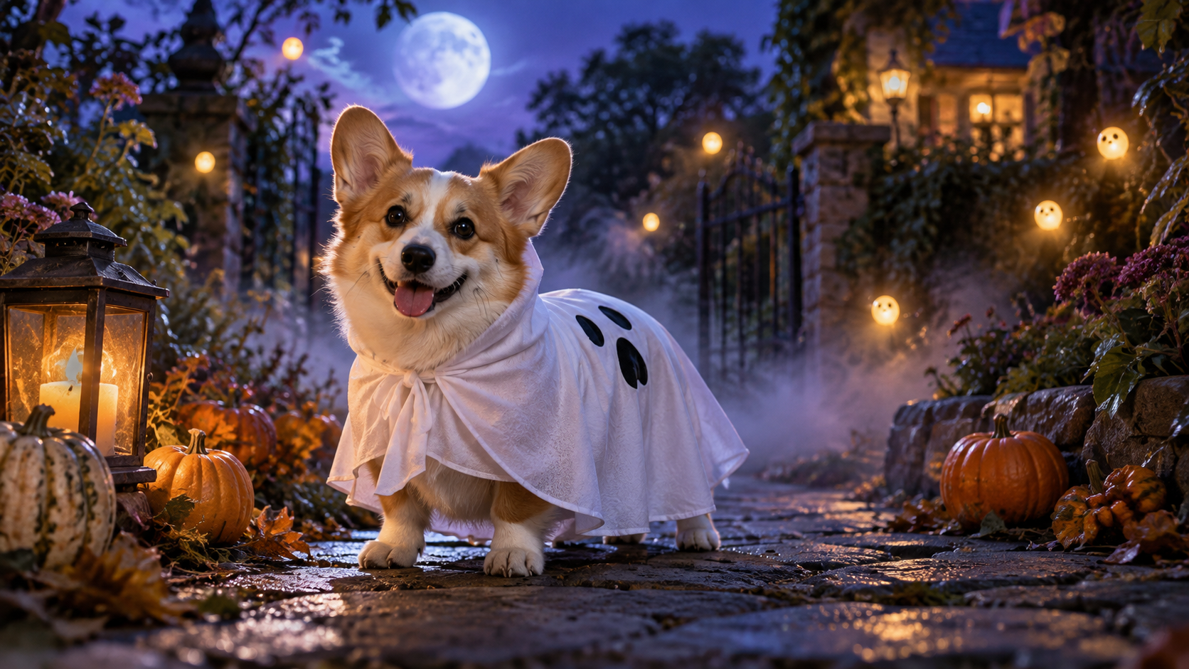 AI pet Halloween costume: Moonlit Corgi Ghost Costume