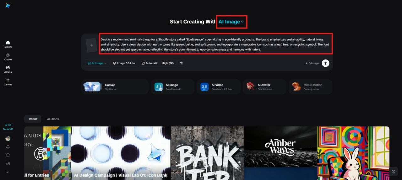 Entrez dans l'espace de travail Dreamina et écrivez votre invite