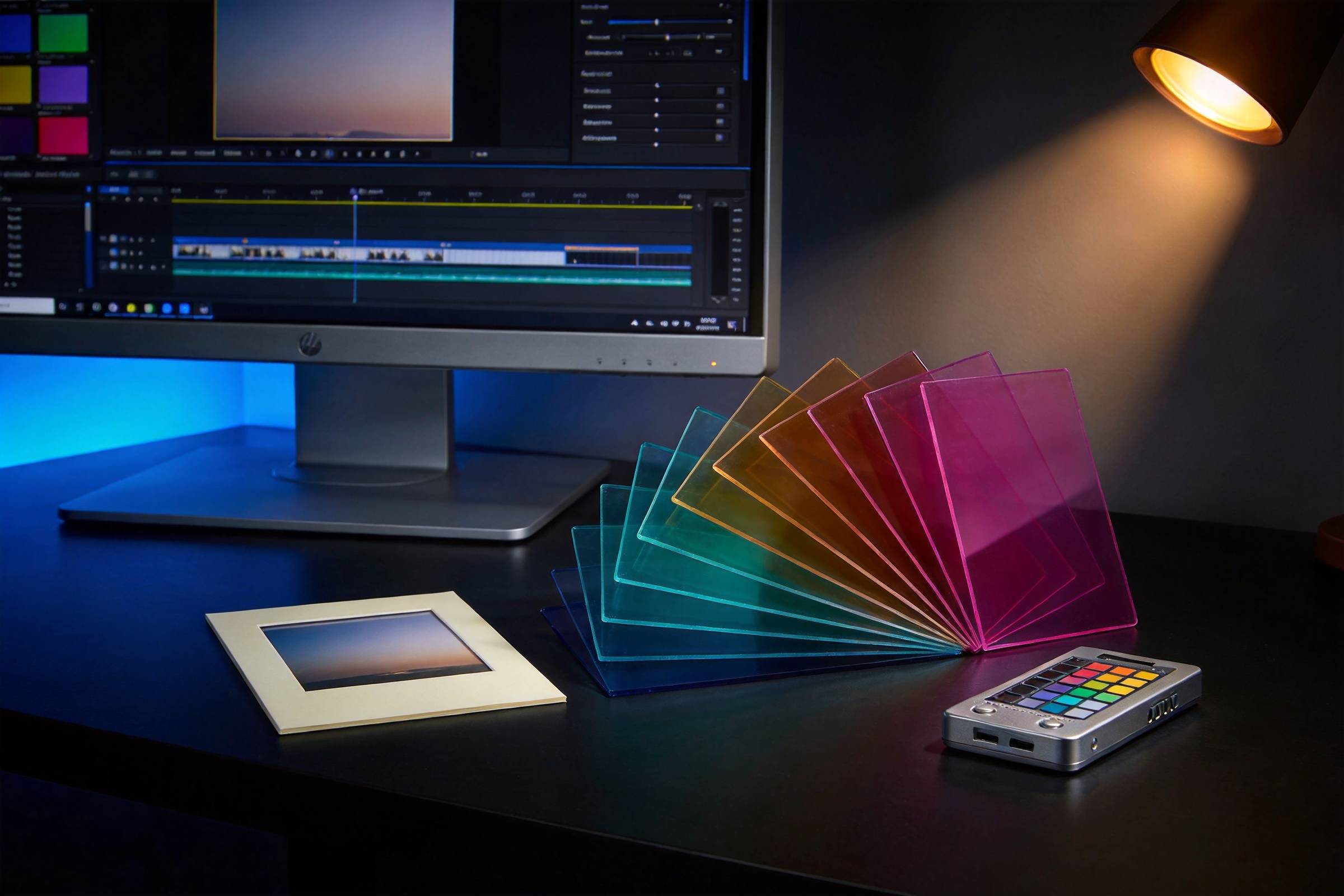 Desktop monitor showing video editing software beside color grading cards, a photo slide, and a color chart