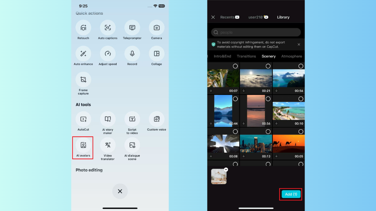 Access AI avtars and upload photo