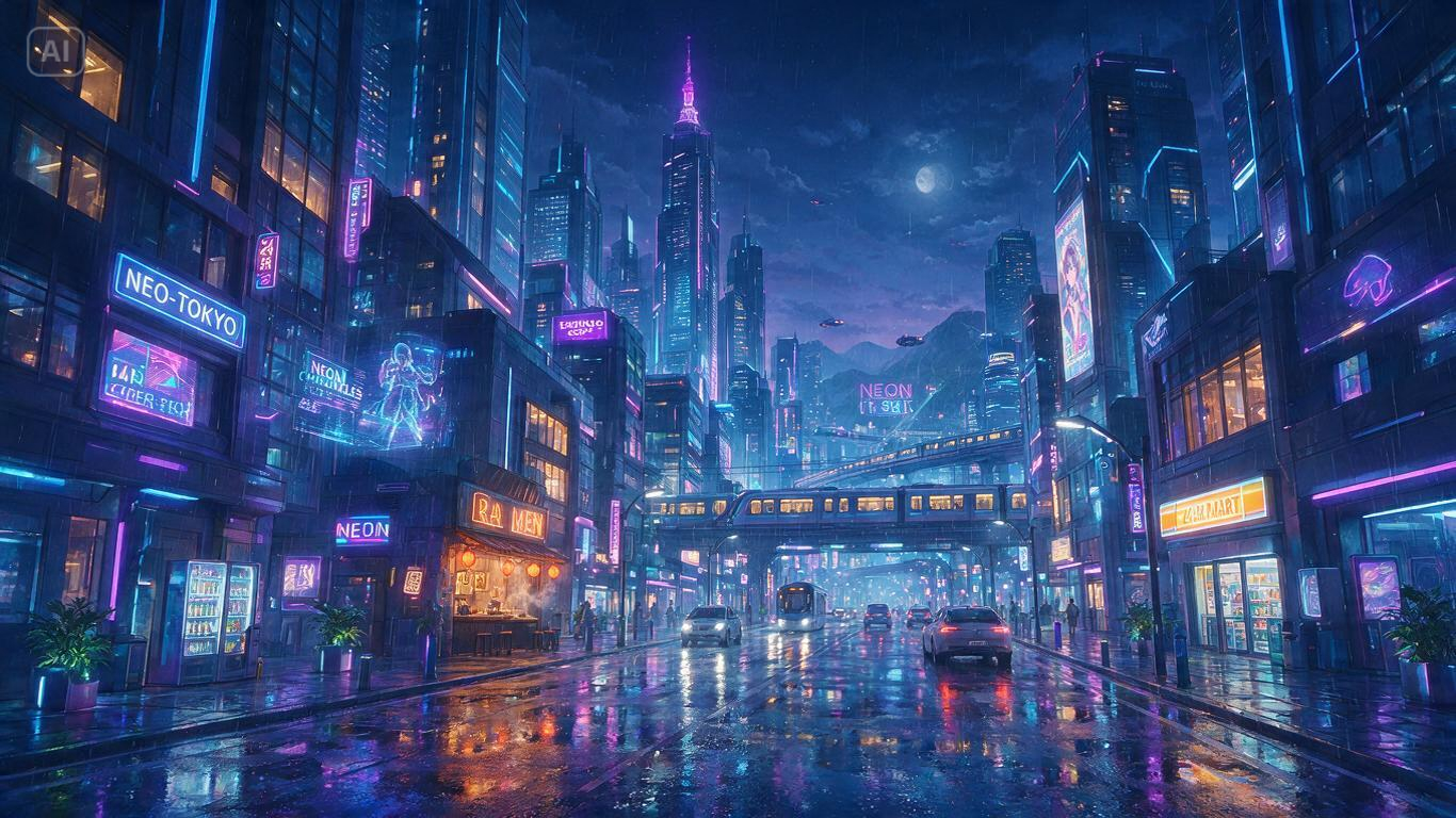 Prompt per un paesaggio urbano anime fresco e lunatico di notte