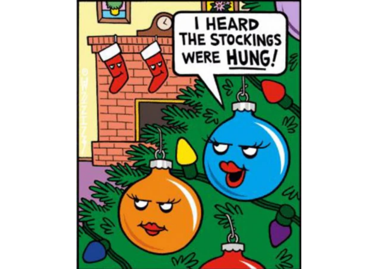 Christmas tree meme with playful sassy ornaments