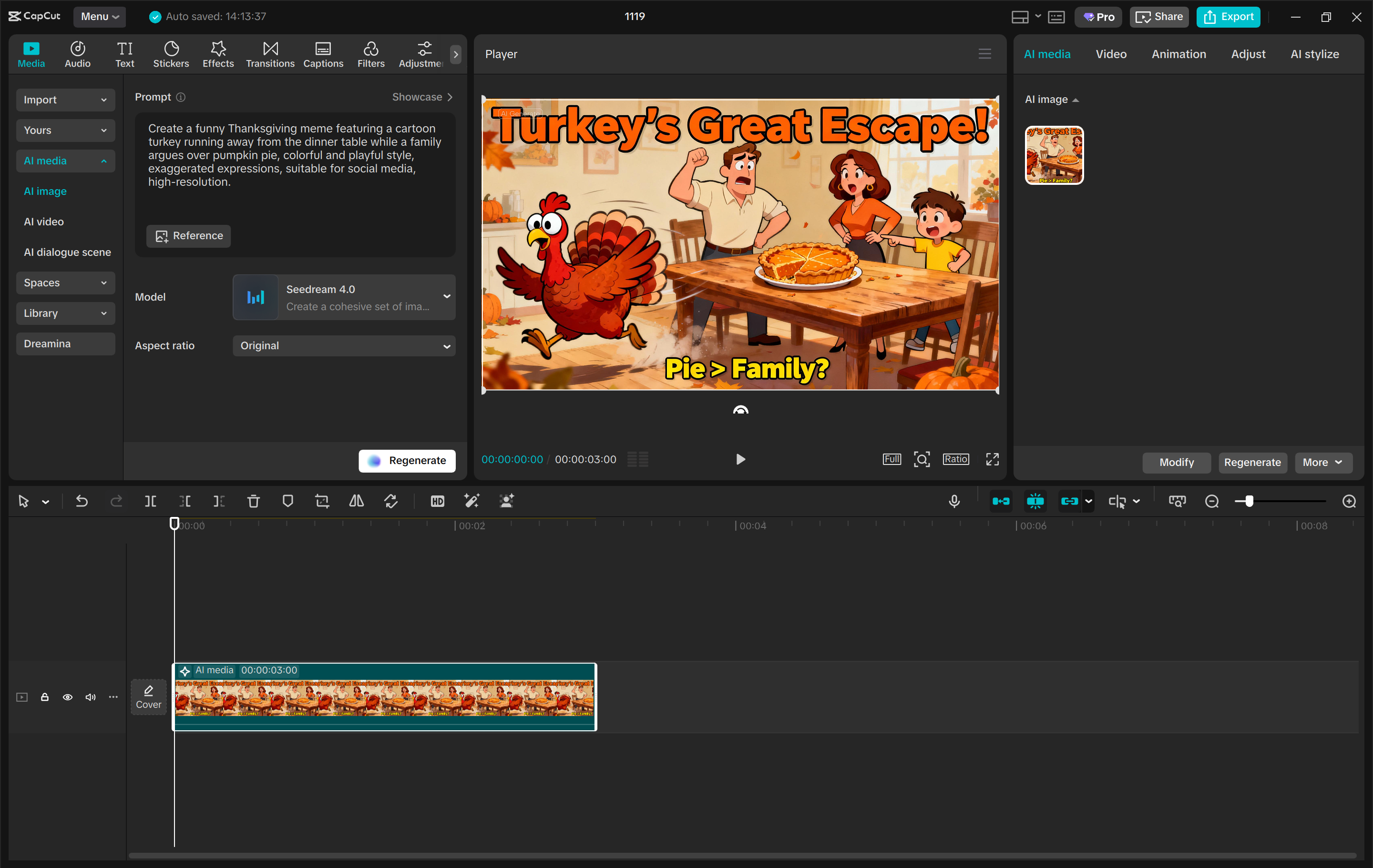 CapCut desktop video editor for creating funny Thanksgiving memes on PC.