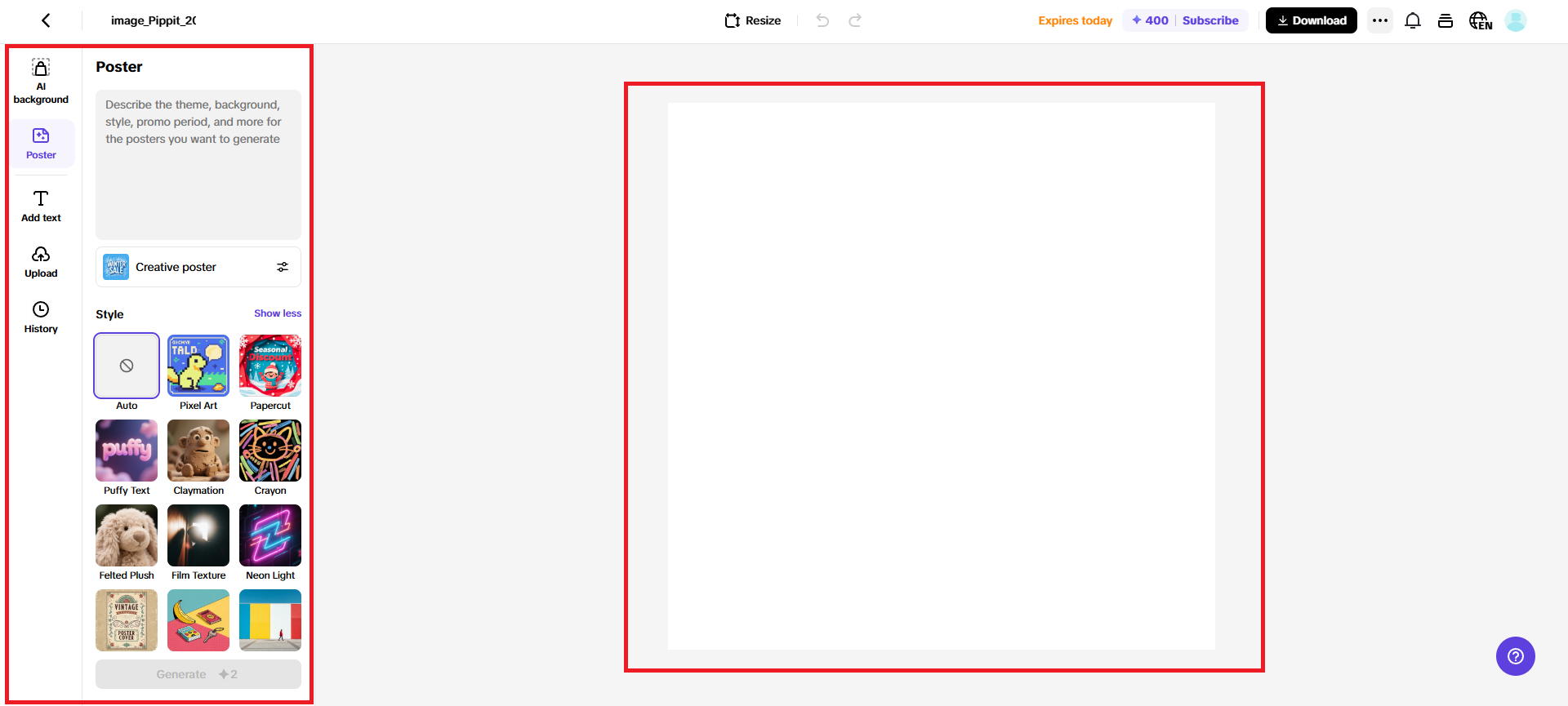 Pippit's poster creation interface