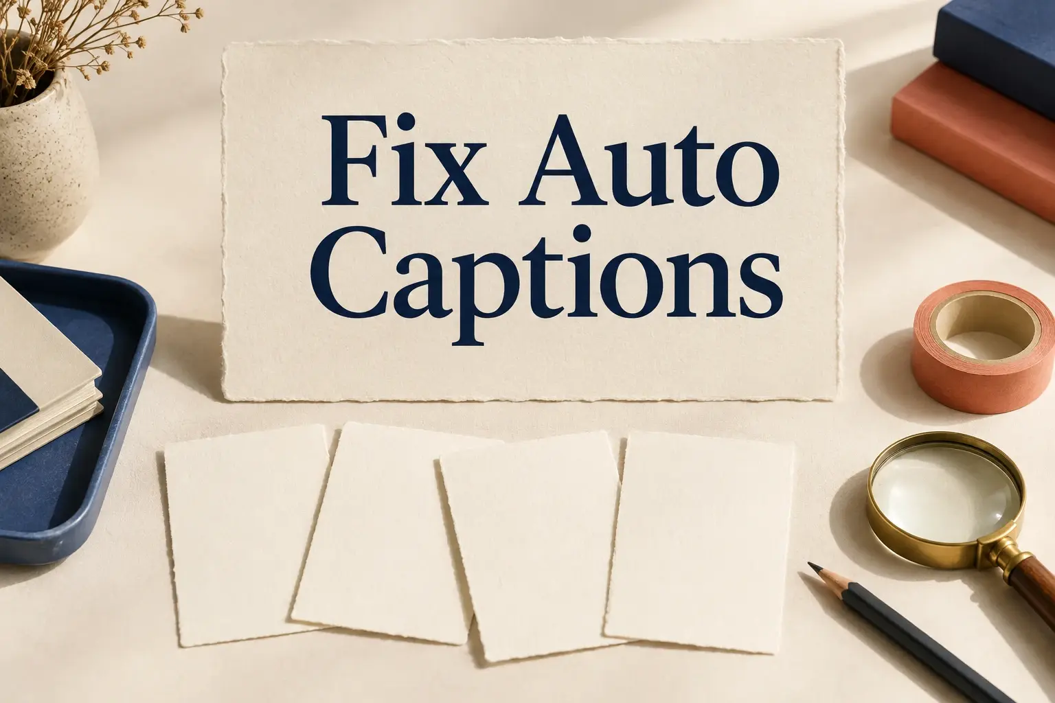 Fix Auto Captions cover with paper proofreading cards pencil and magnifying glass