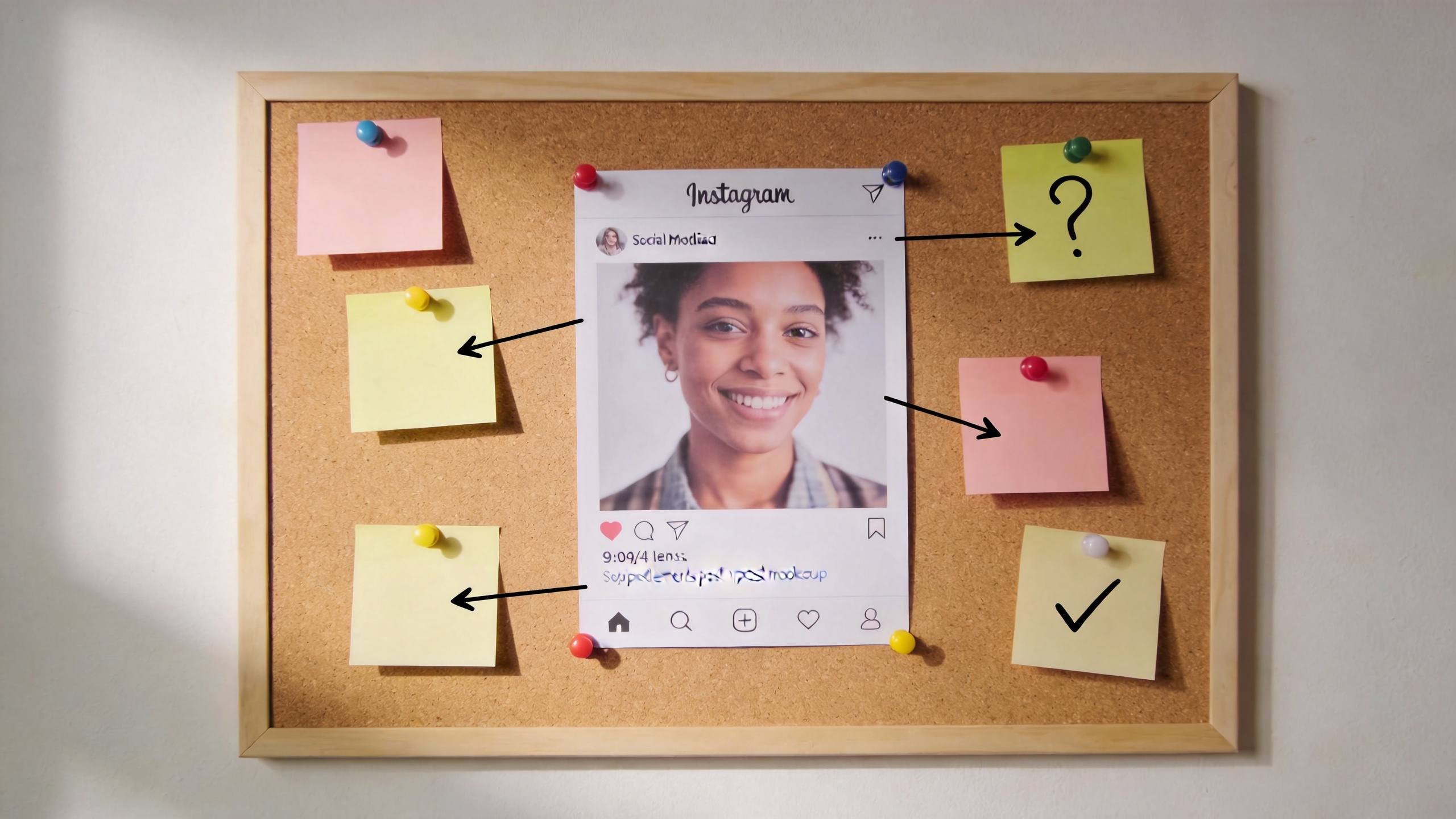 Instagram post mockup pinned on a cork board with sticky notes and arrows