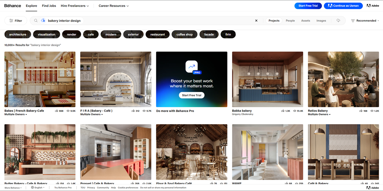 Interface of Behance - a platform with bakery shop interior designs