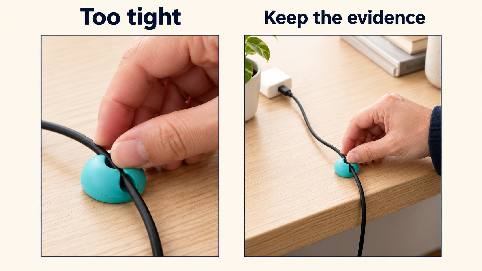 Illustrated framing comparison shows a tight crop that hides the desk edge beside a wider crop that retains the cable and clip
