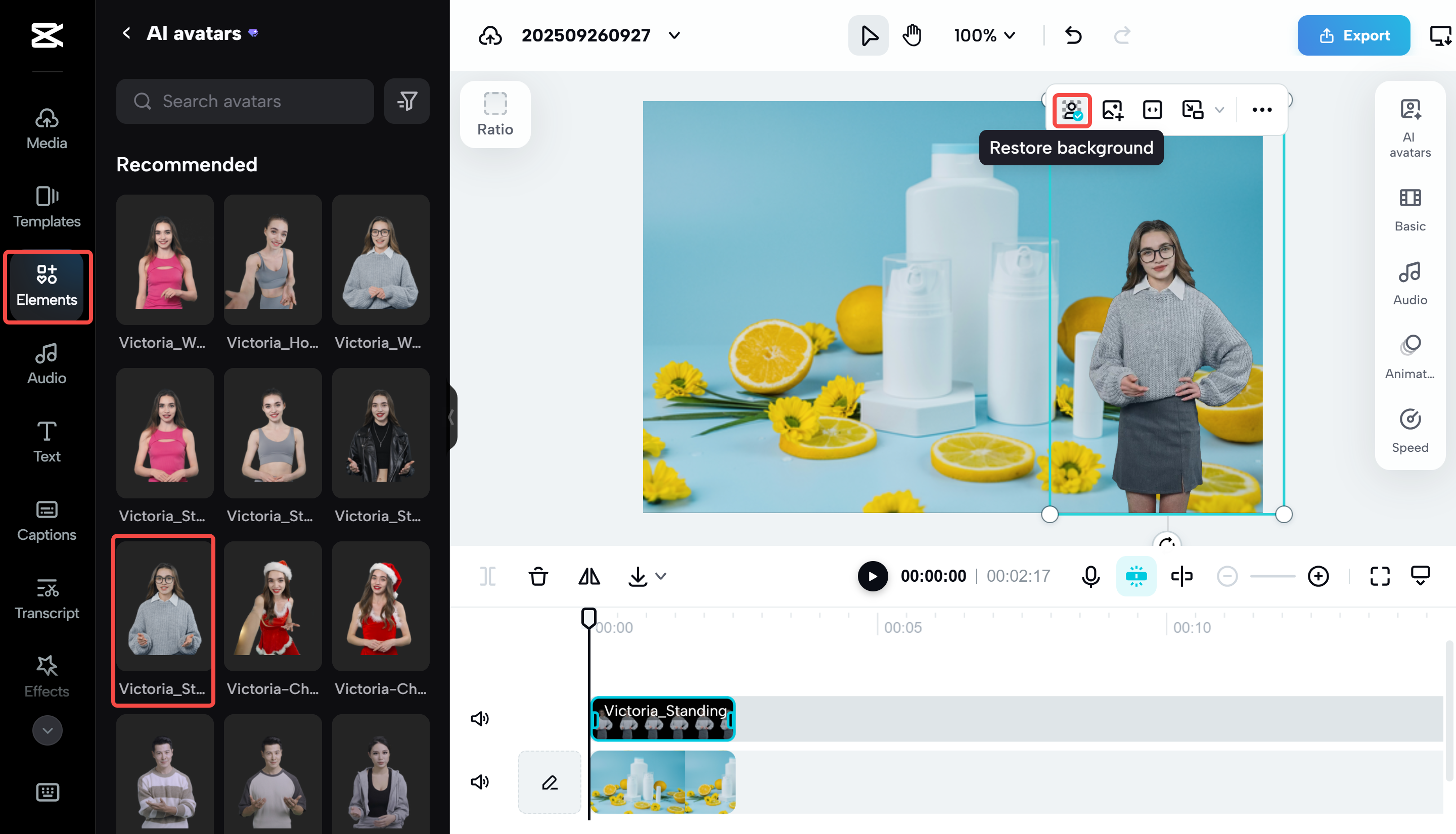 Personalizing the avatar on the CapCut Web