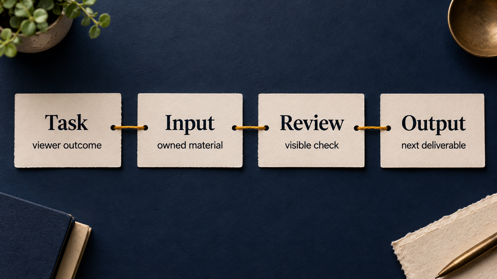 Four connected paper cards label Task Input Review and Output as a physical planning method