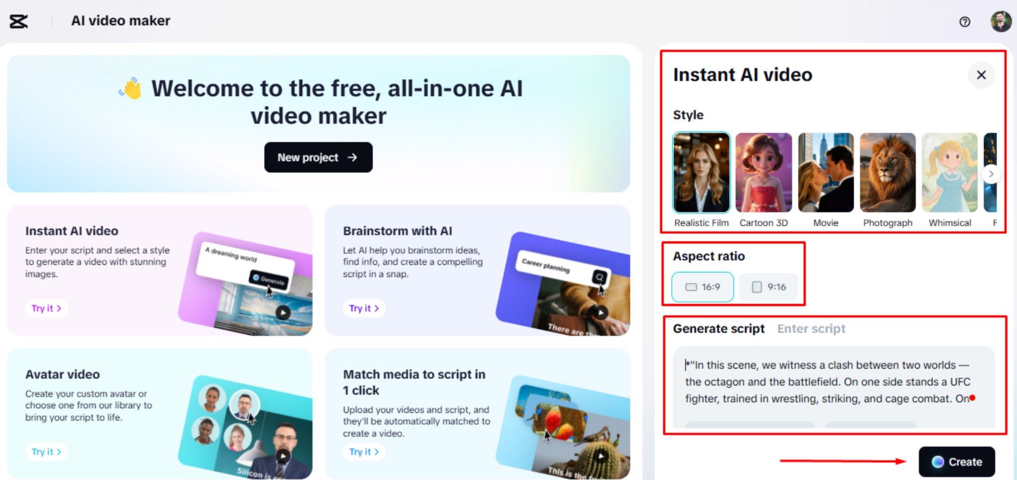 Eingabe des Prompts im KI-Video-Editor von CapCut