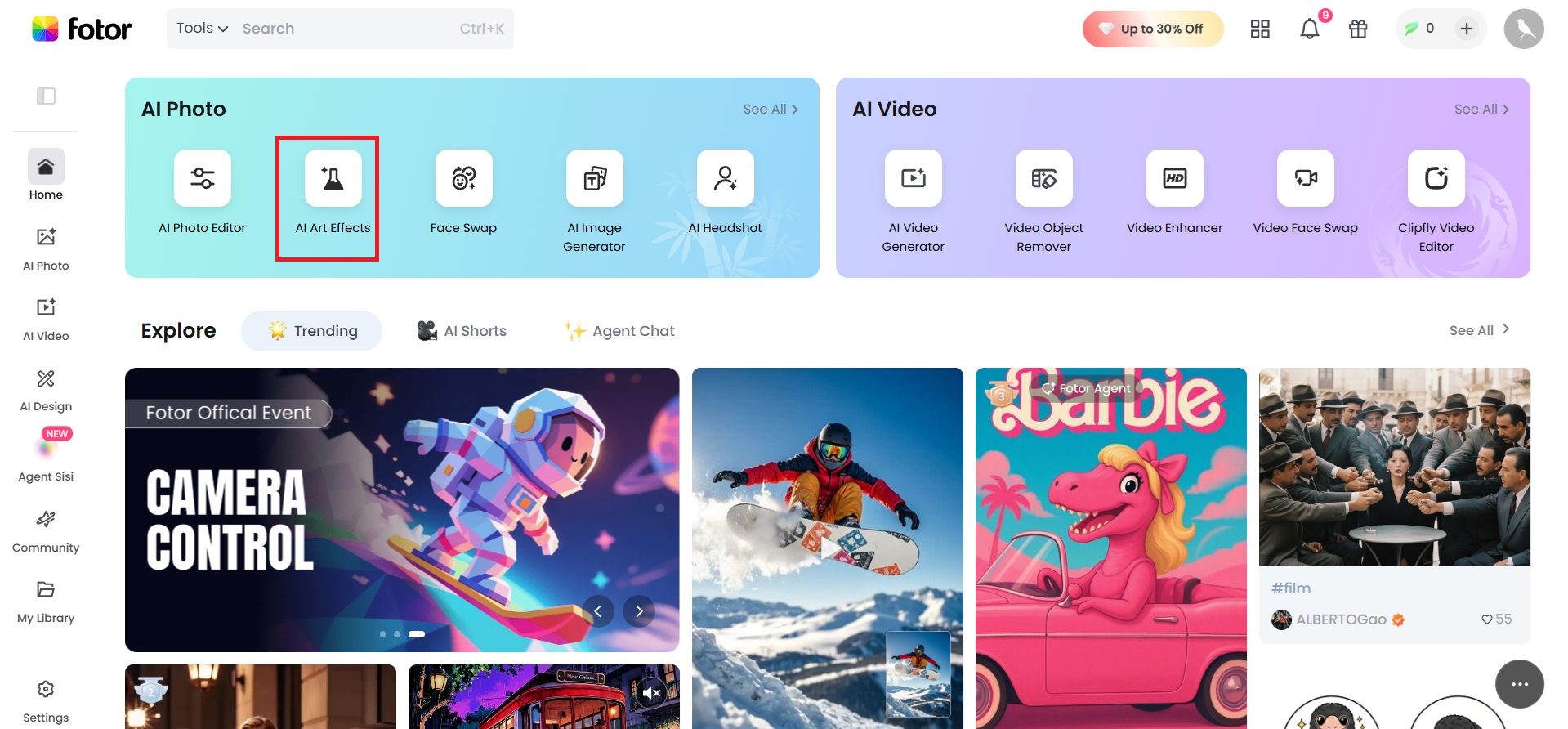 Select AI Art Effects from the Fotor homepage