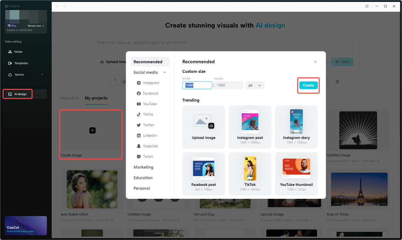 Click create image in CapCut to start a new project