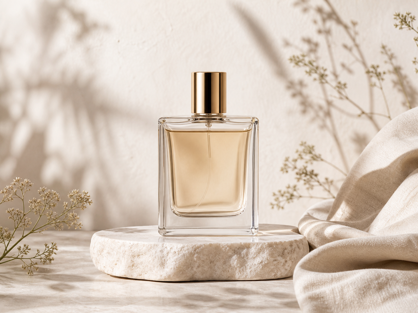 Unbranded perfume bottle in warm luxury product photography