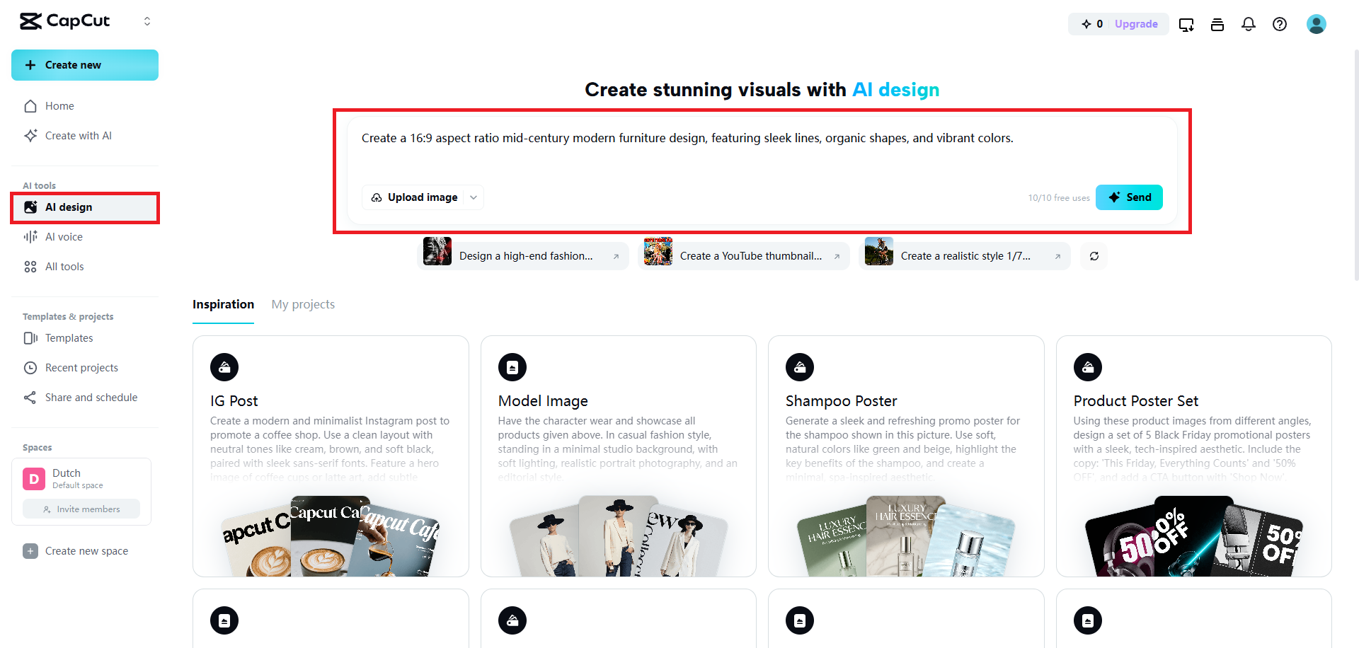 Voer een prompt in voor uw AI meubelontwerp.