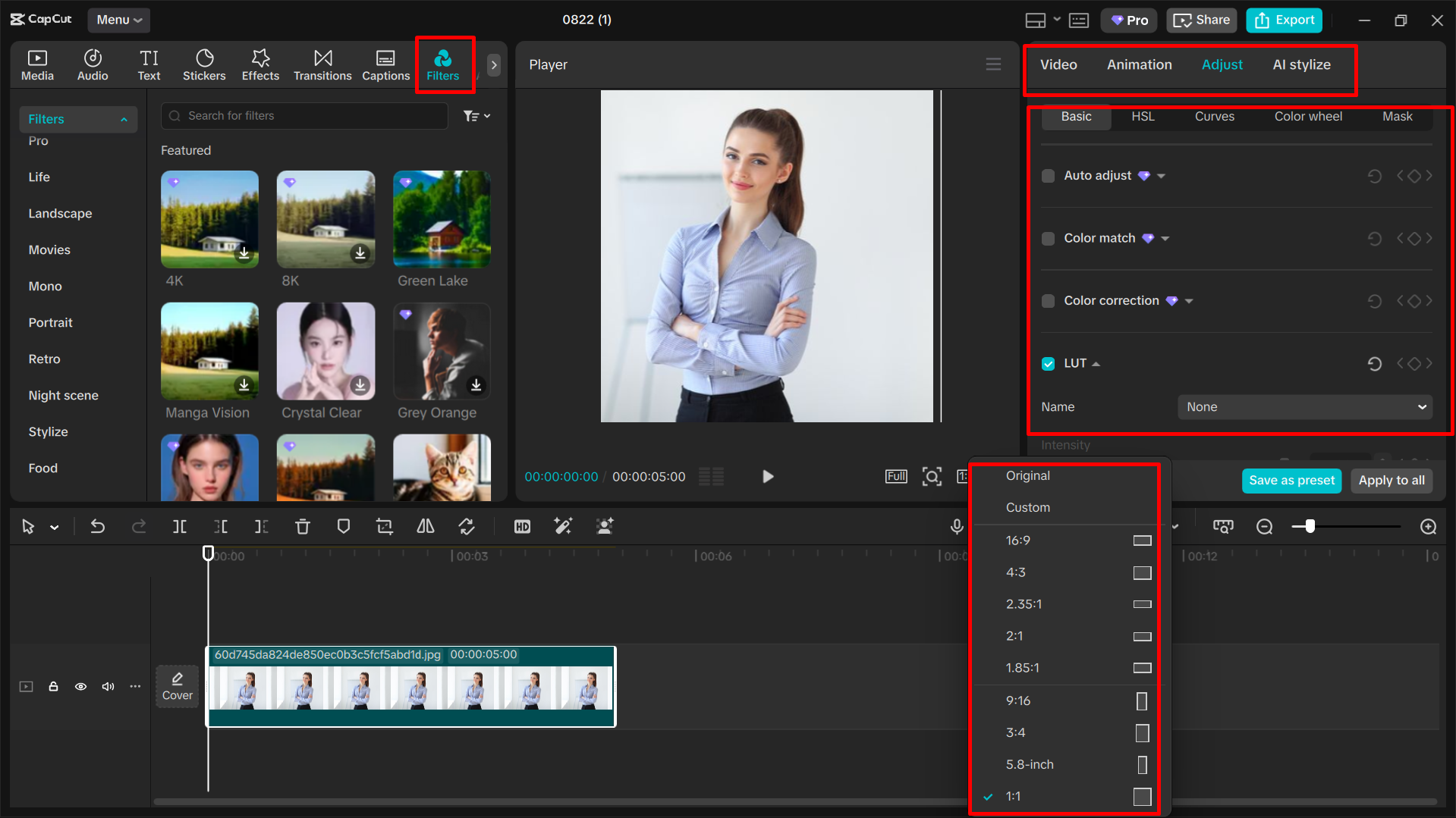 Enhancing color and resizing the image in the CapCut desktop video editor