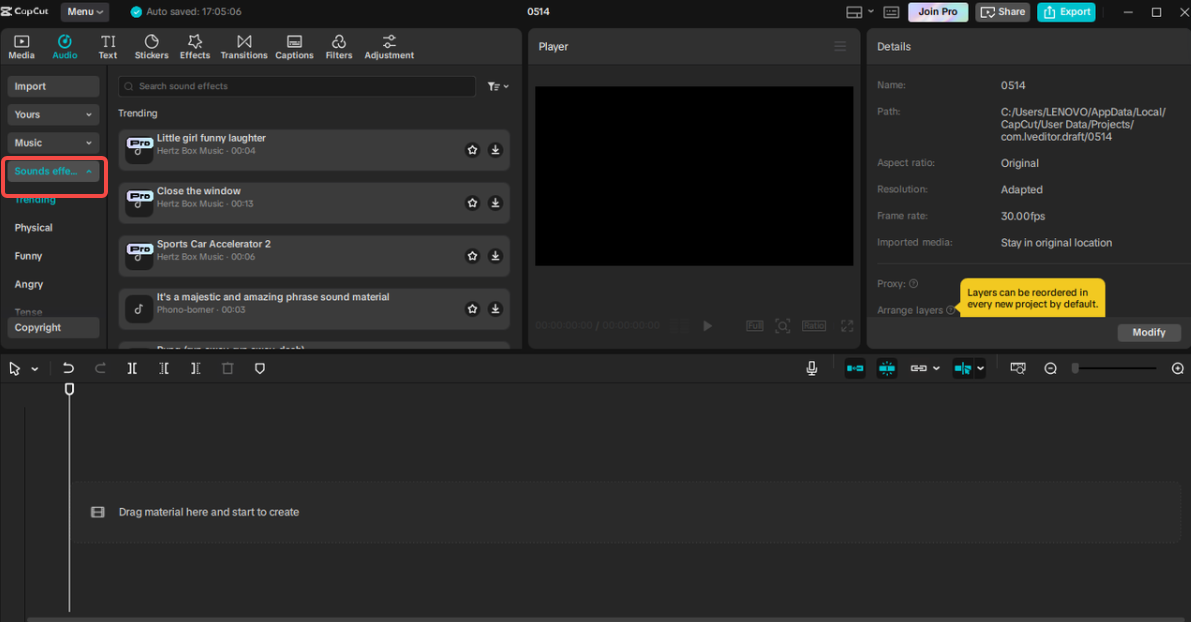 Accessing the sound effects library in CapCut