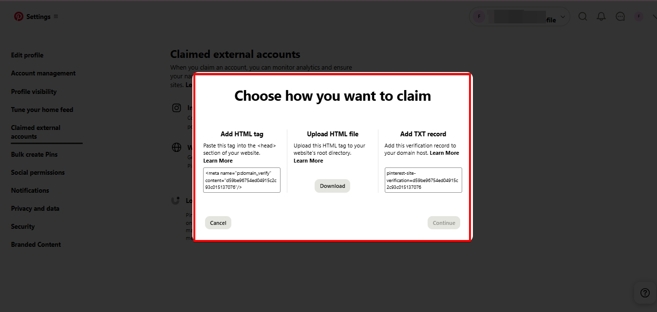 Reivindicando um site no Pinterest