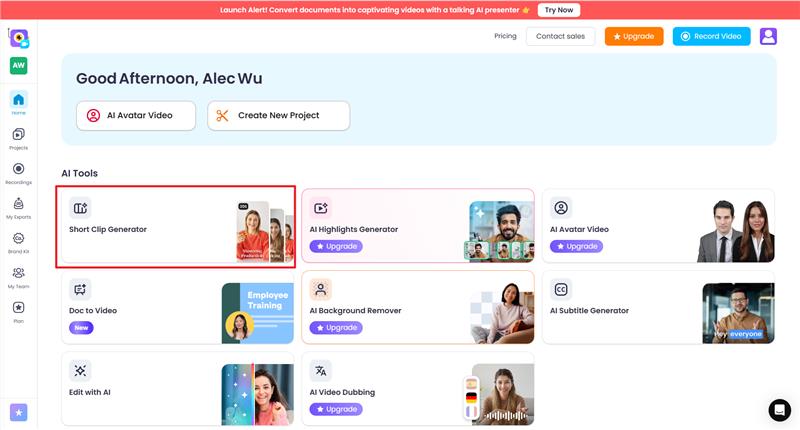 Interface du tableau de bord Vmaker