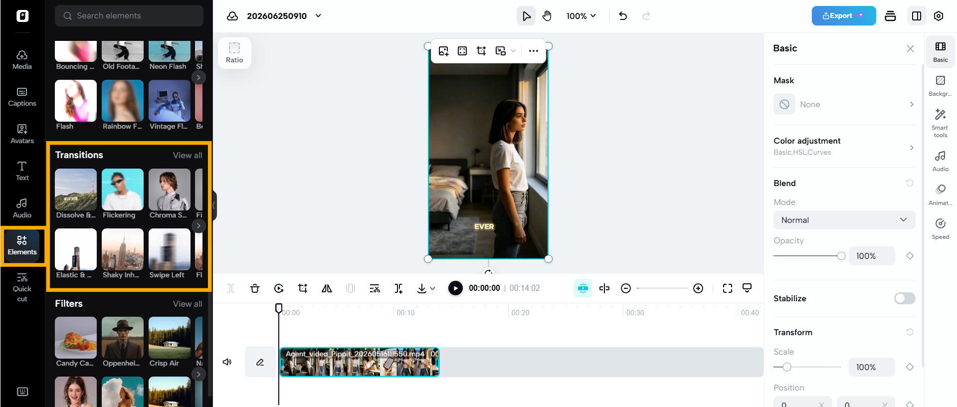Pippit AI transition library showing zoom and motion effects applied between video clips