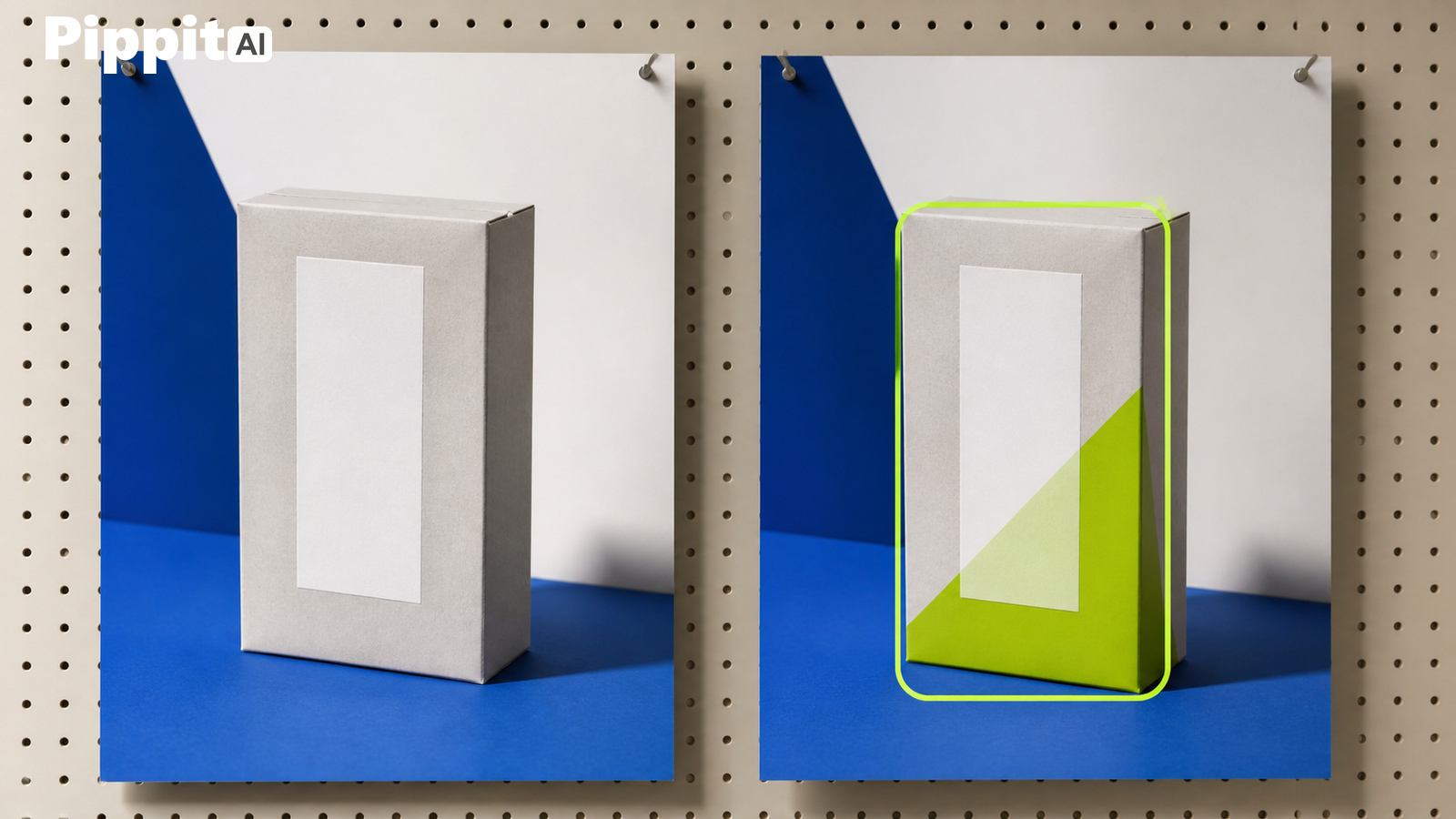 Two posters of a gray box on a blue background, with the right box highlighted in green.