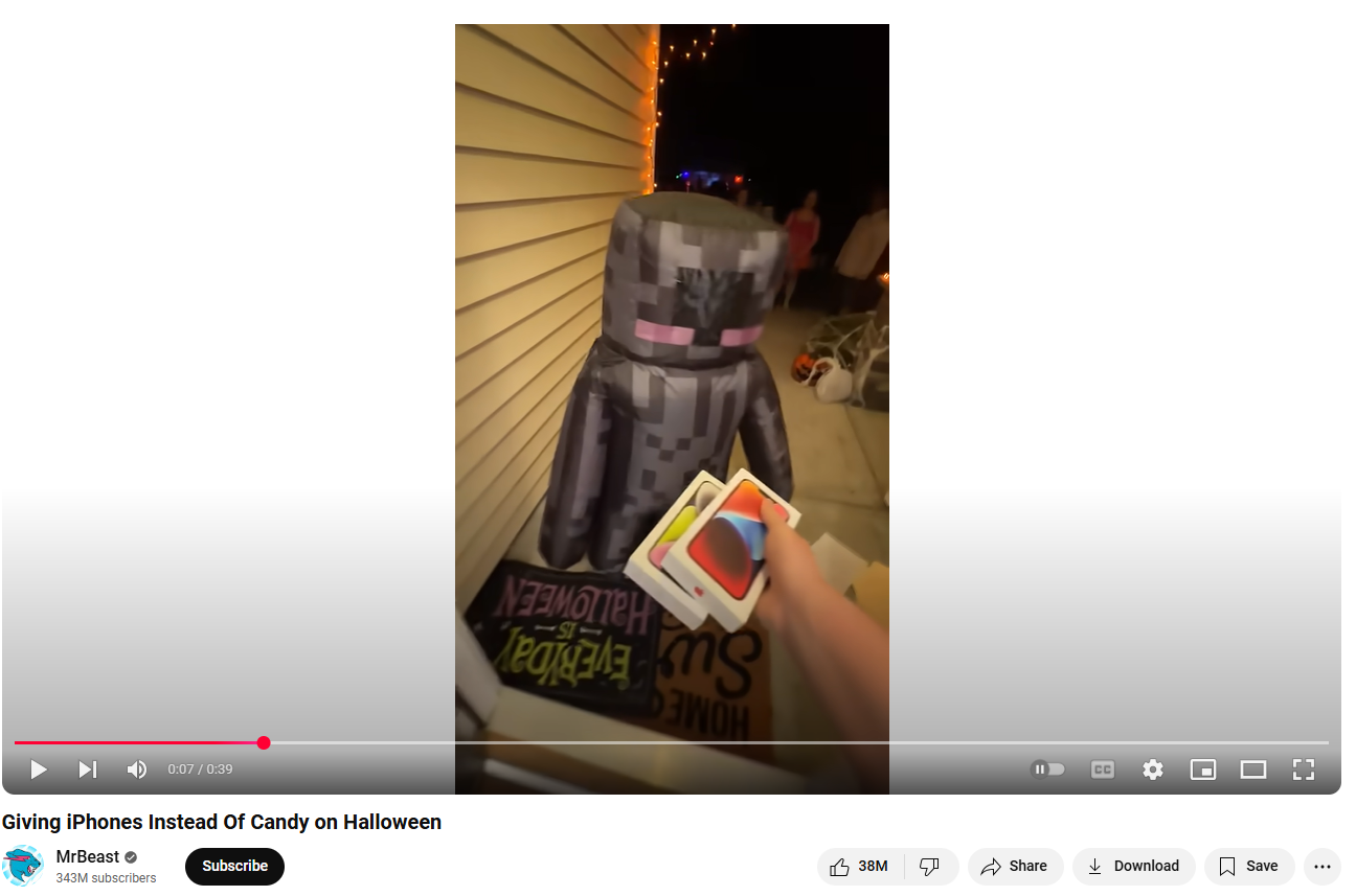 MrBeast 'in Cadılar Bayramı' nda iPhone 'lar verdiği en sevilen YouTube kısası