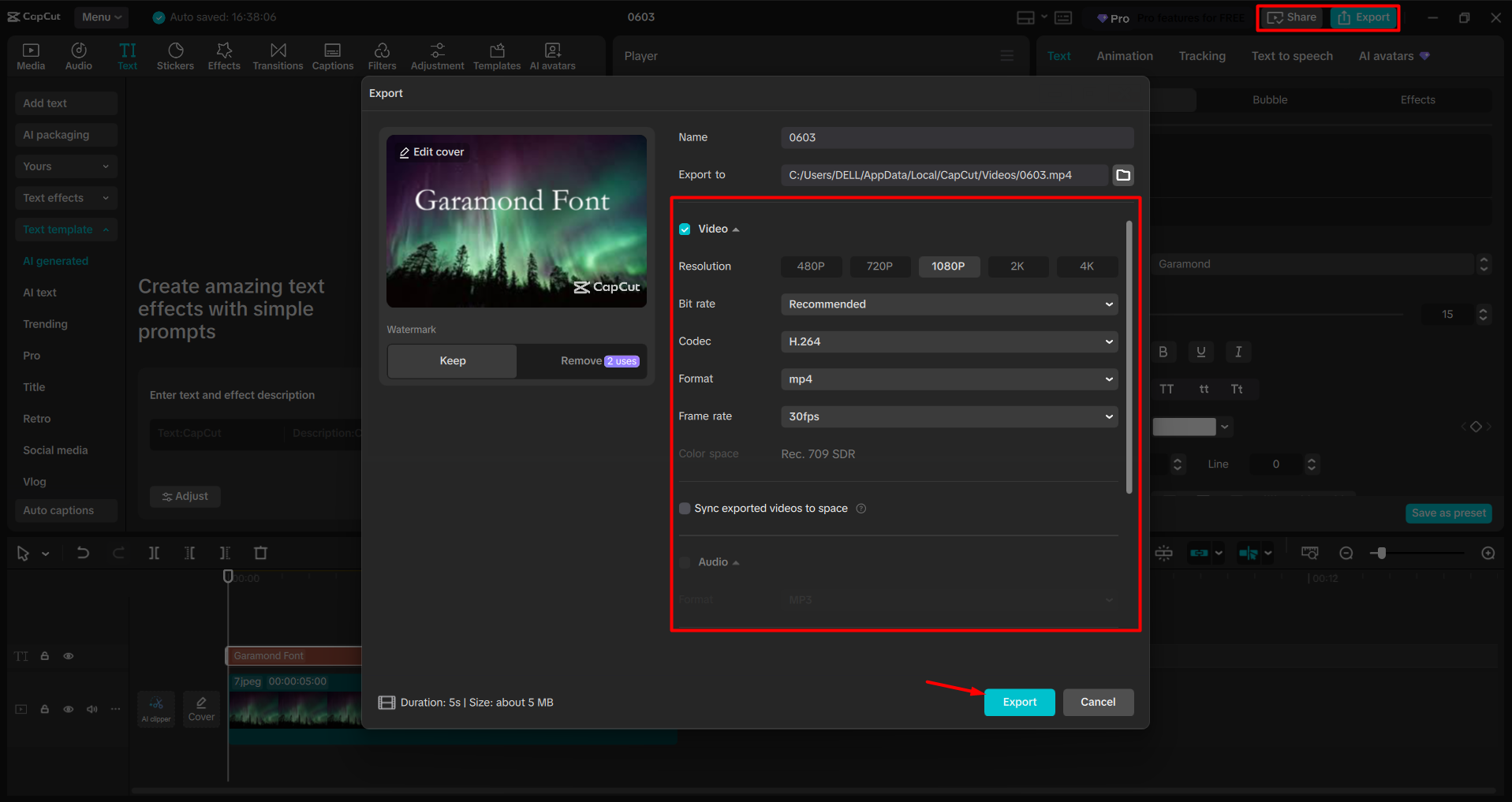 Exporting a video from the CapCut desktop video editor