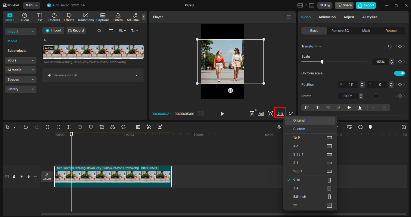 Adjusting the aspect ratio in the CapCut desktop video editor