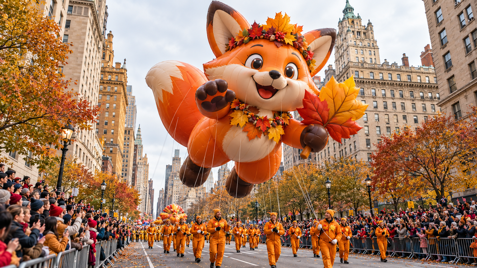 Indicaciones de IA de globos del desfile de Acción de Gracias: Zorro de hoja de arce sobre la multitud
