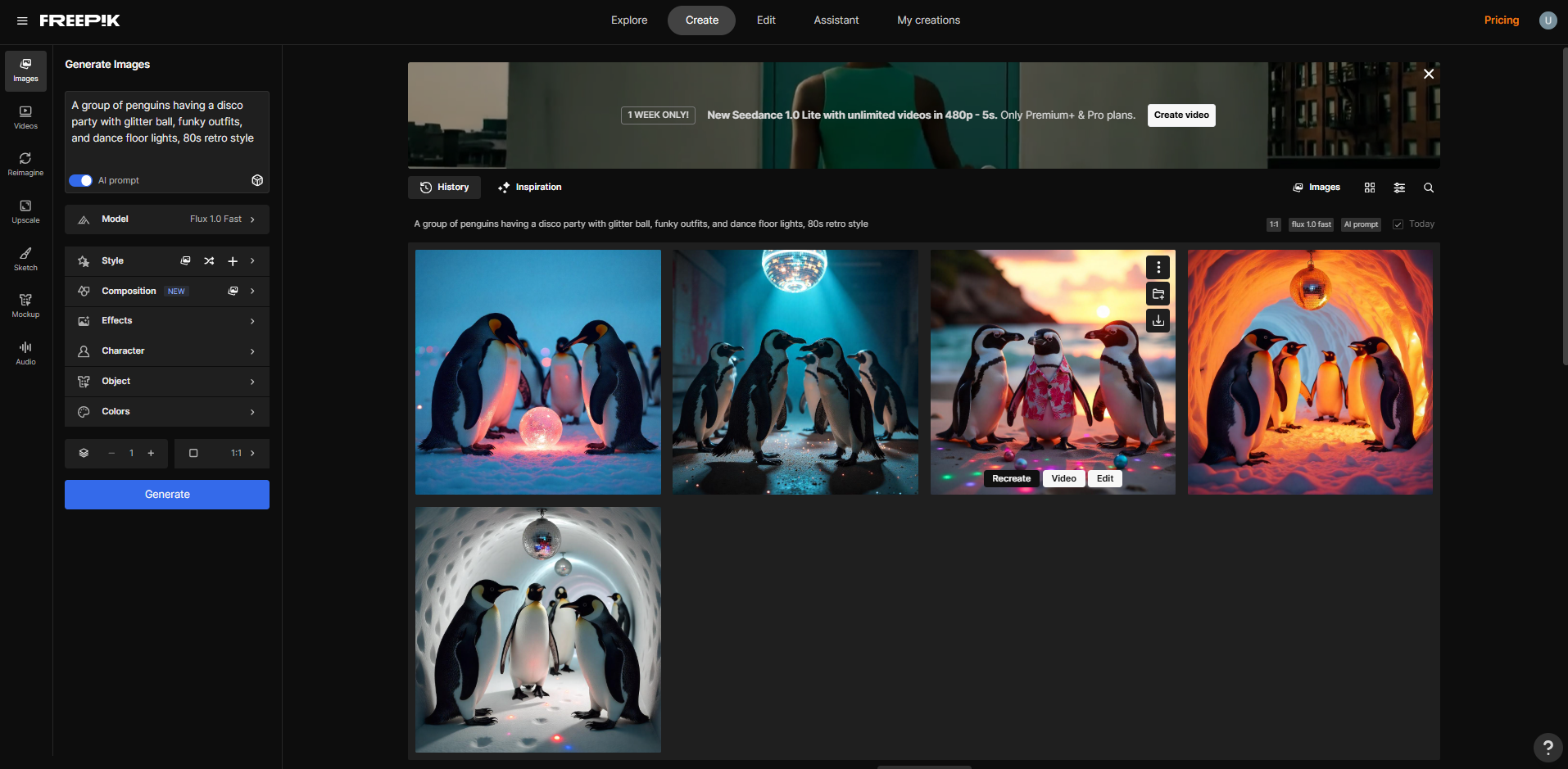 Schnittstelle von Freepik – der beste Generator für lustige KI-Bilder.