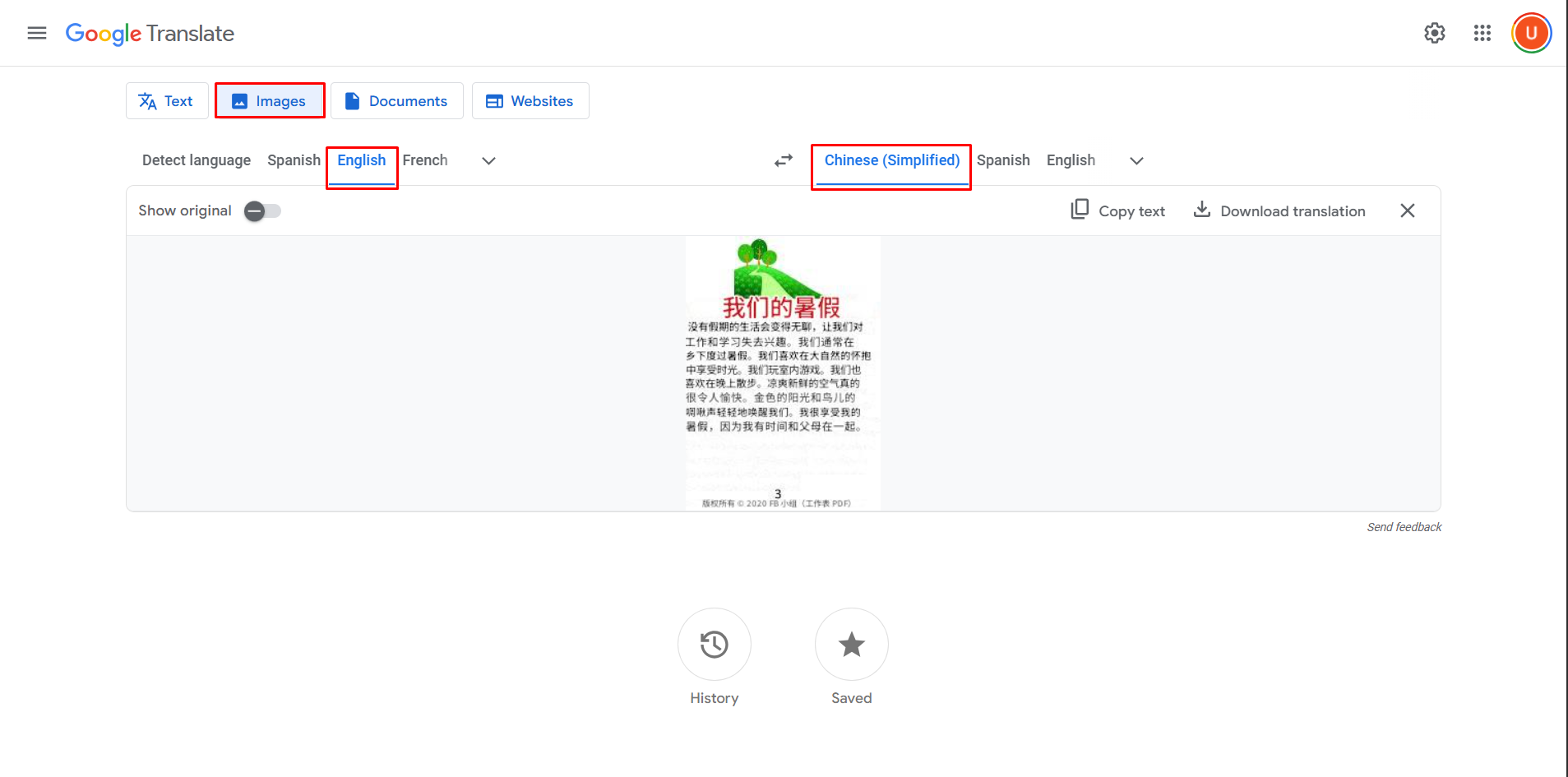 Translating an English image to Chinese with Google Translate