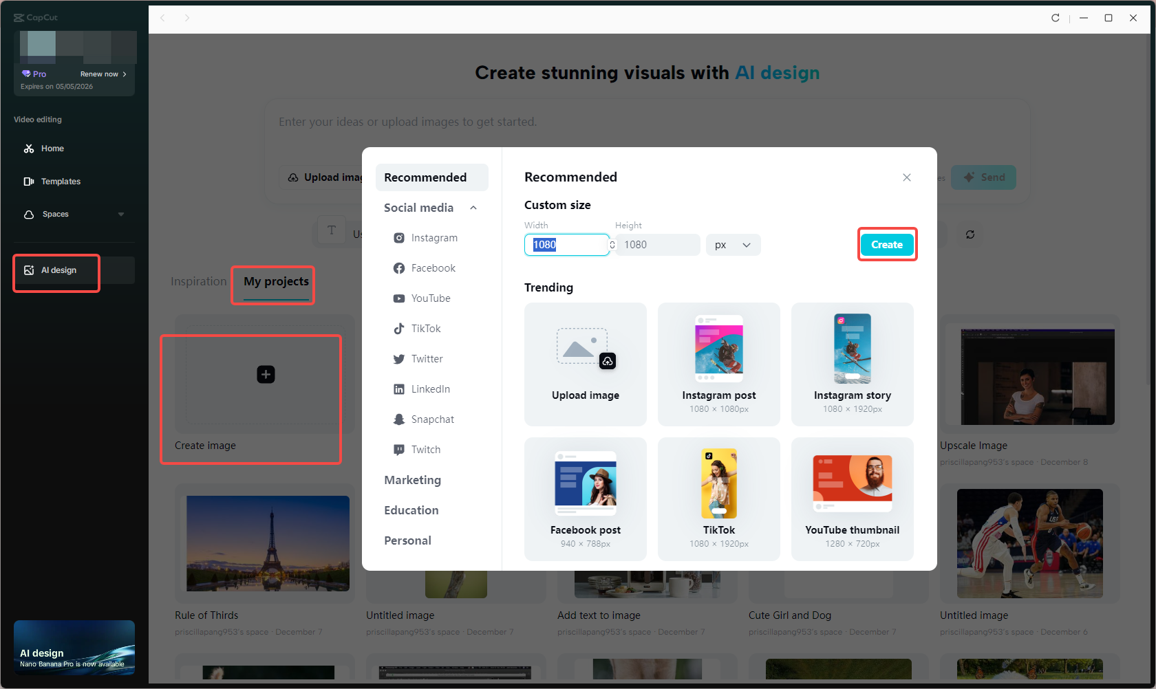 Accessing the AI design feature in CapCut