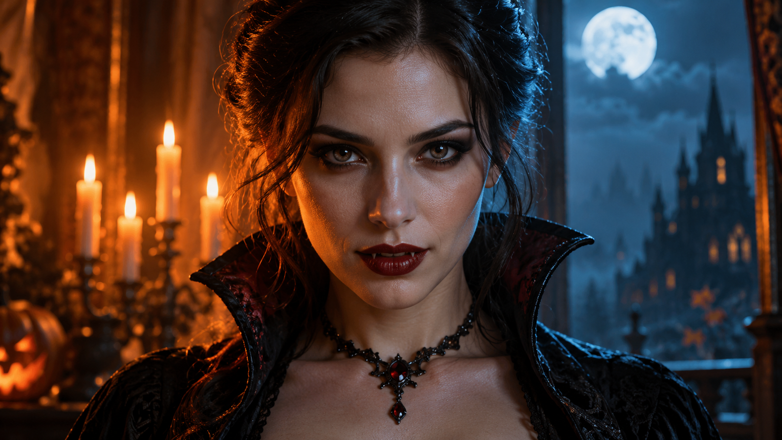 Vampire avatar: Fictional adult shoulders-up Halloween portrait with subtle vampire makeup and orange blue split light, face centered