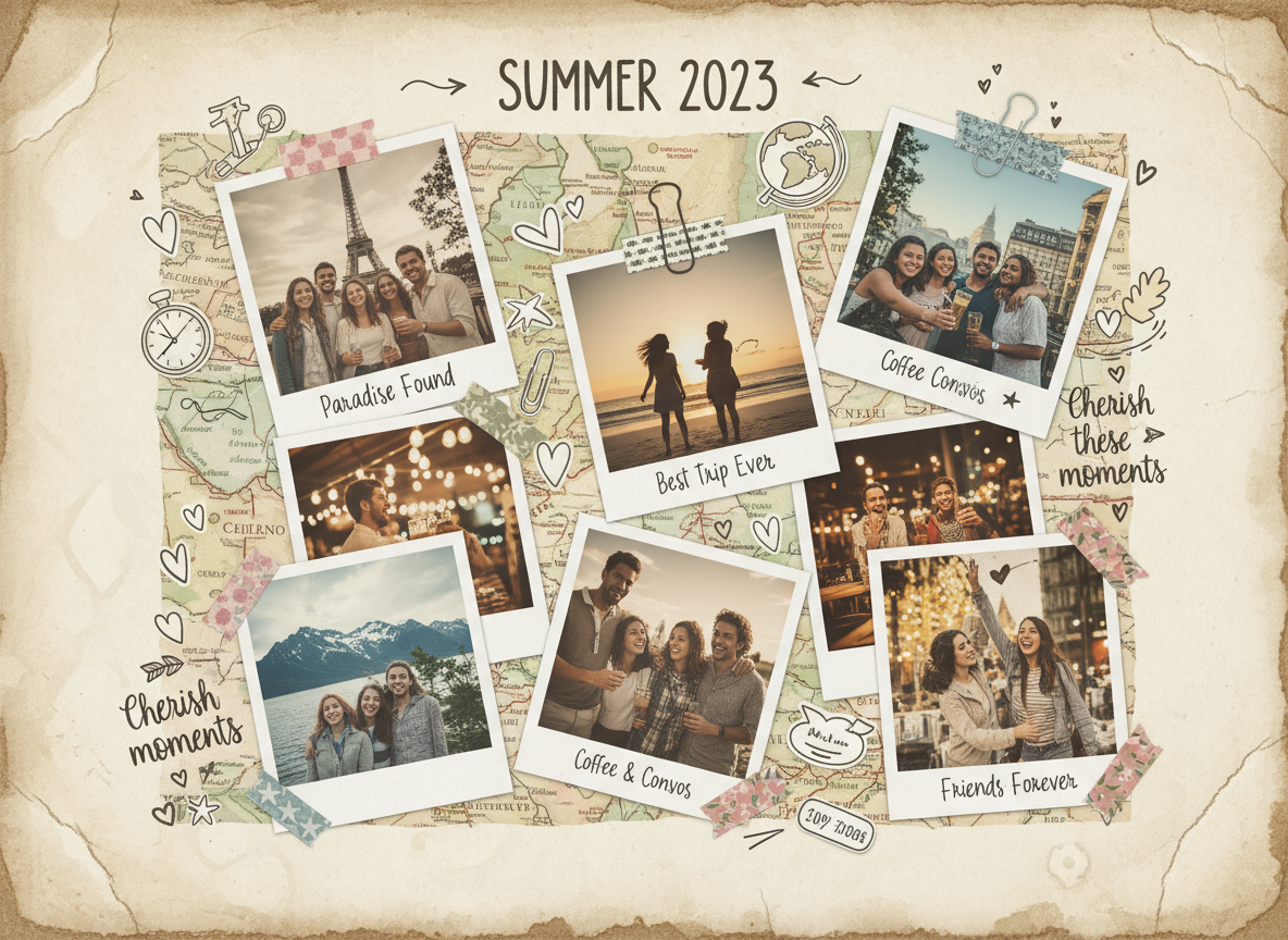 Eine kreative digitale Scrapbook-Seite, gefüllt mit Polaroid-Fotos von Reisemomenten und Freunden.